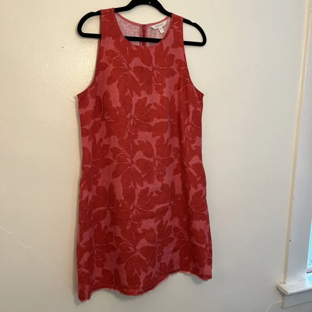 Garnet Hill 100% Linen Fringe Hem A-Line Dress, Pink & Red Hibiscus Floral- Sz 8 - Picture 3 of 9